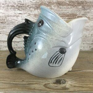 Fish-Shaped Ceramic Pitcher Blue & White Decorative Vintage California Pottery